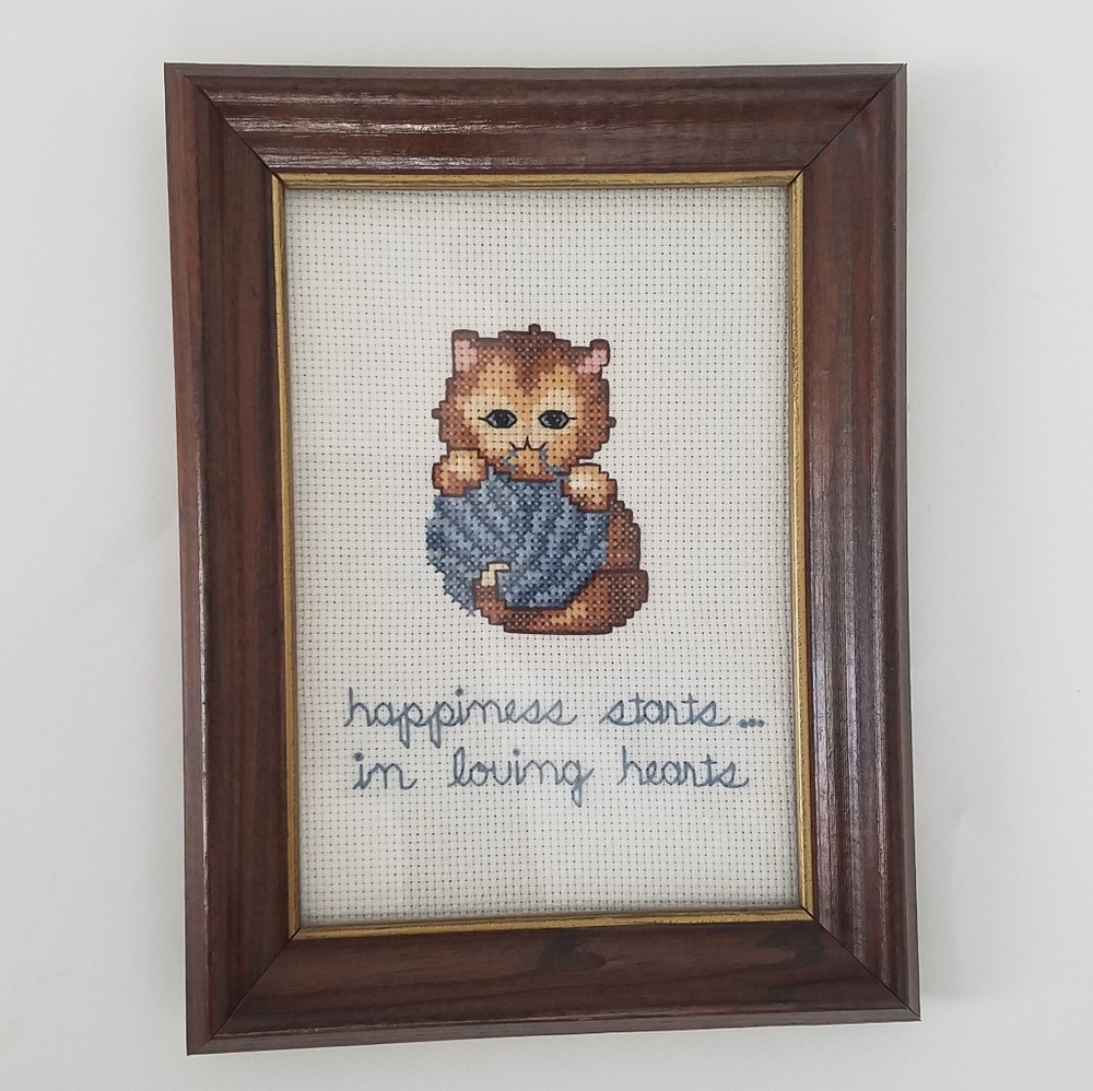 Handmade Cat Kitten Needlepoint Cottagecore Vntg